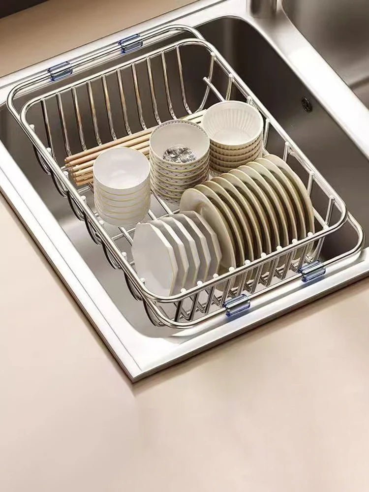 Telescopic Sink Drain Basket, Stainless Steel Expandable Dish Drying Rack with Medium or Large Size Options for Kitchen Cups, Plates and Produce Rinsing