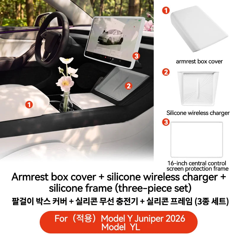 Armrest Cover for Tesla Interior Styling with TPE White, TPE Black and TPU Black Options, Model Y Juniper, YL and Model 3 Highland Labels and Bundle Choices