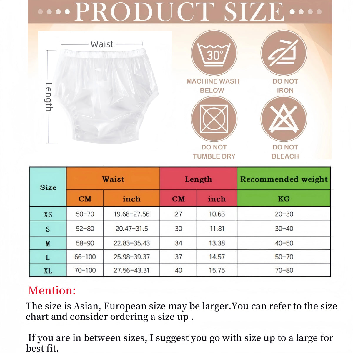 Adult Waterproof Diaper Covers 2-Pack, Reusable Easy-to-Clean TPU Personal Care Overpants in Clear or White with XS to XL Size Options