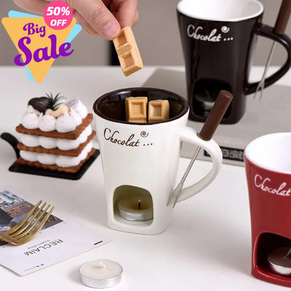 Chocolate Fondue Mug with 130ml Ceramic Cup and Stainless Steel Fork, Tea Light Dessert Warmer for Fruit, Cookies and Cozy Tabletop Dipping