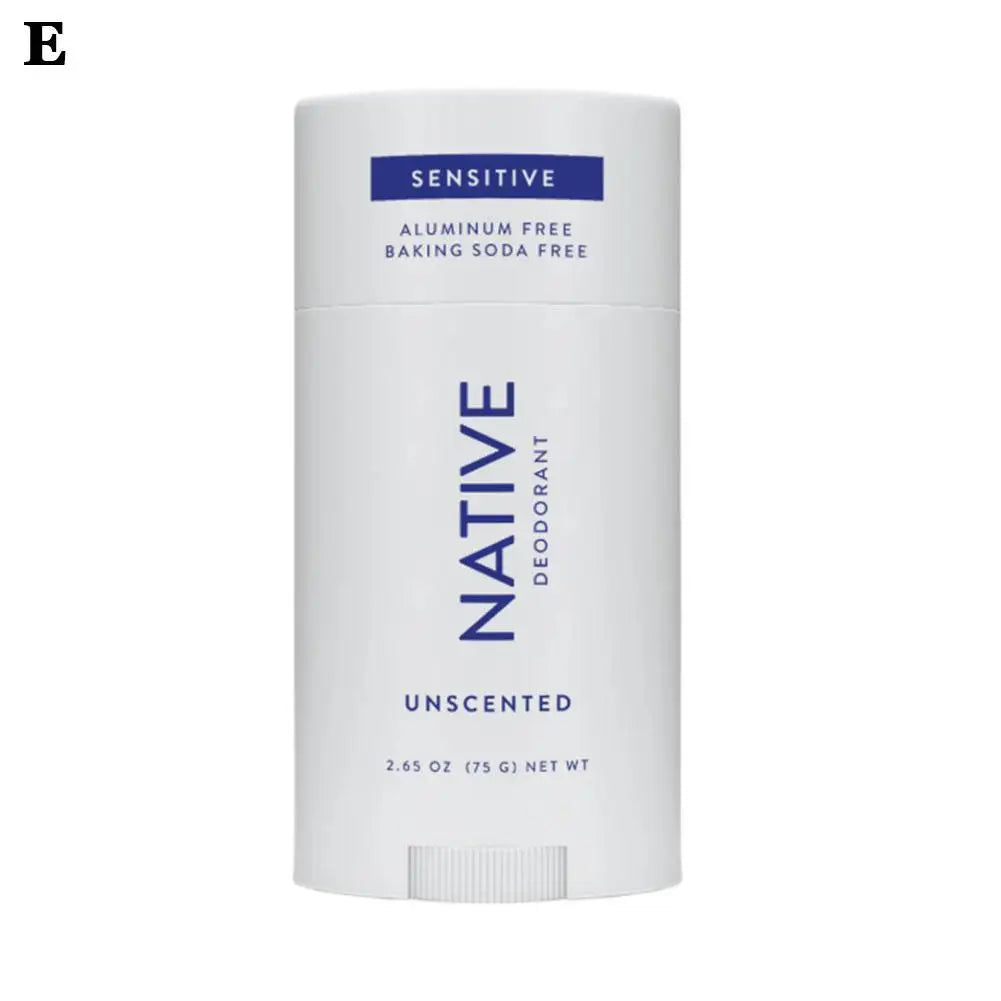 Body Deodorant Stick with Listed 75g Net Content and Twist-Up Solid Format, A to E Scent Option Labels for a Label-Guided Everyday Personal Care Routine