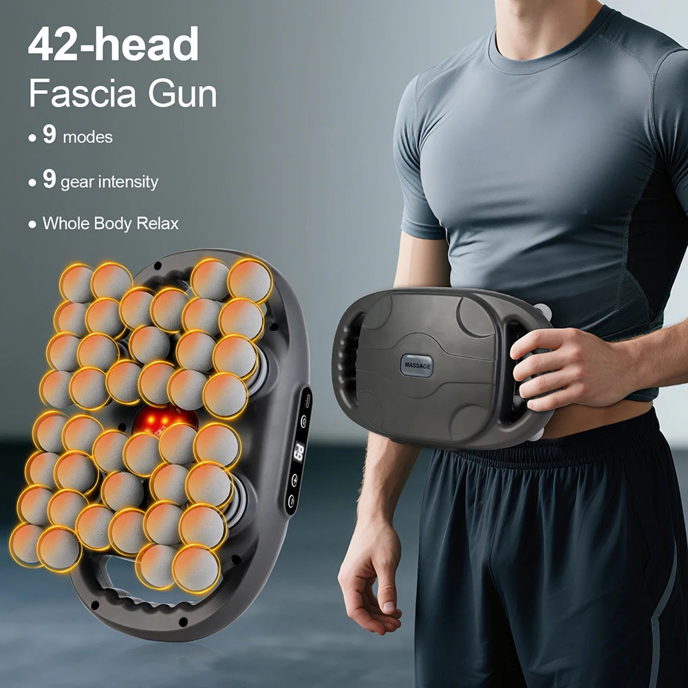 42-Head Body Massage Gun with Nine Modes and Nine Intensity Levels, Listed 2000mAh Battery, Type-C Charging and 10-Minute Timer in White or Black