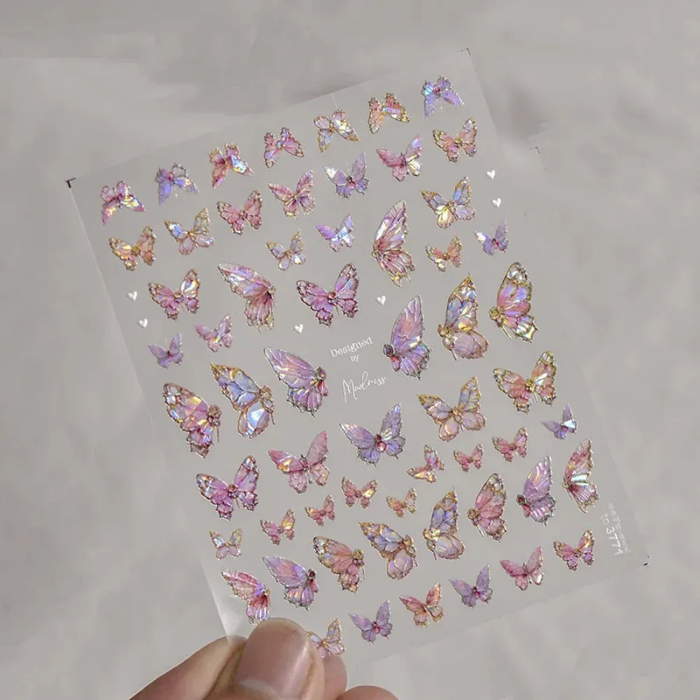 Butterfly 5D Nail Art Stickers, Kawaii Japanese-Inspired Glitter Shell Aurora Style Manicure Decals in Four Design Options for DIY Nail Decoration