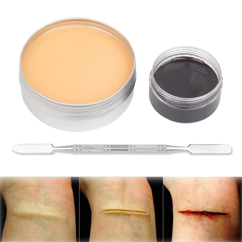 Scar Wax SFX Makeup Options with Listed 60g Wax and Light, Natural or Dark Skin Shade References for Halloween Costumes, Stage and Simulated Wound Effects