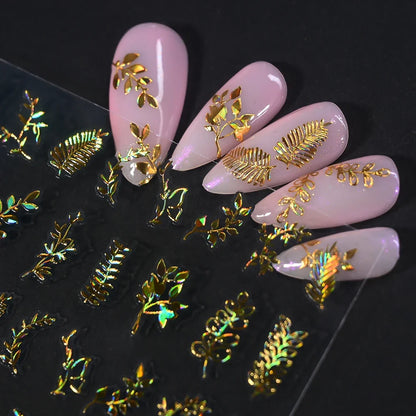 Gold Leaf Nail Stickers, 12-Piece Metallic 3D Floral Self-Adhesive Nail Art Decal Set for Botanical DIY Manicures, Party Styling and Salon Decoration