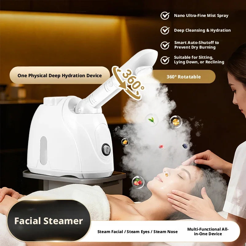 Rotating-Outlet Facial Steamer in White, 100ml Hot Steam Device with Extended Arm and Aroma Compartment for Home Beauty Routines, US or EU Options