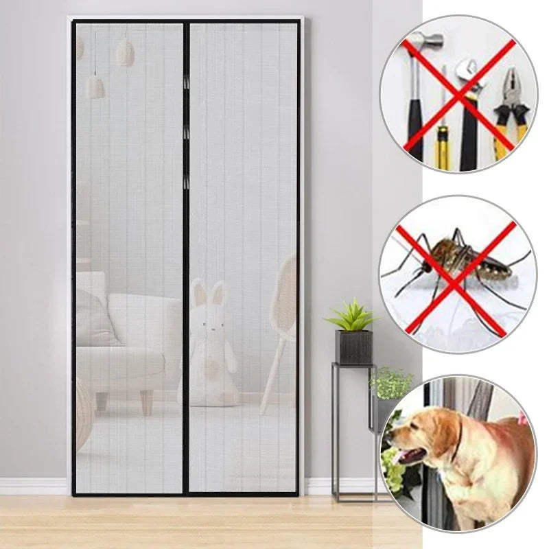 Magnetic Mesh Door Curtain with No-Drill Hook-and-Loop Mounting, Polyester Insect Screen in Black or White, 90 x 210 cm and 100 x 210 cm for Home Ventilation