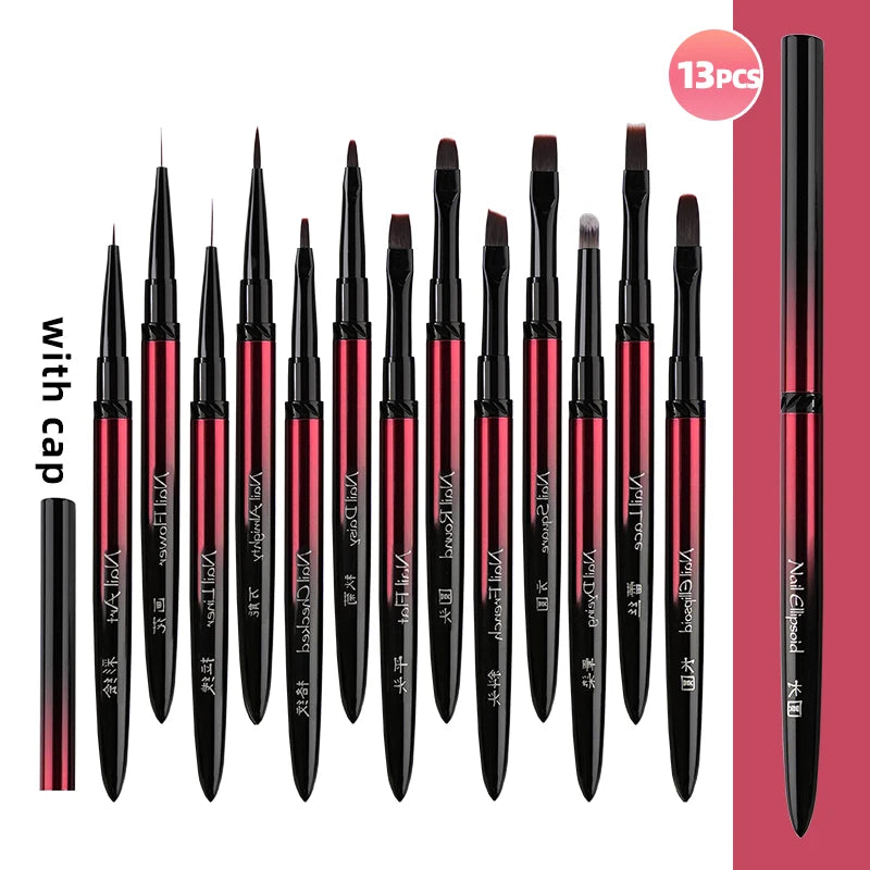 Metal Handle Nail Art Brush Options for Liner, Flower, French and Lace Designs, Individual Brushes, Numbered Bundles or 13-Piece Set with Bucket