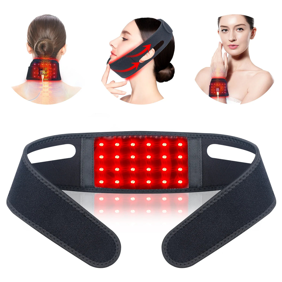 Red Light Chin and Neck Wrap for Home Personal Care, Fabric Design with Listed 660nm and 850nm Light References, Three Colors and US or International Plug Options