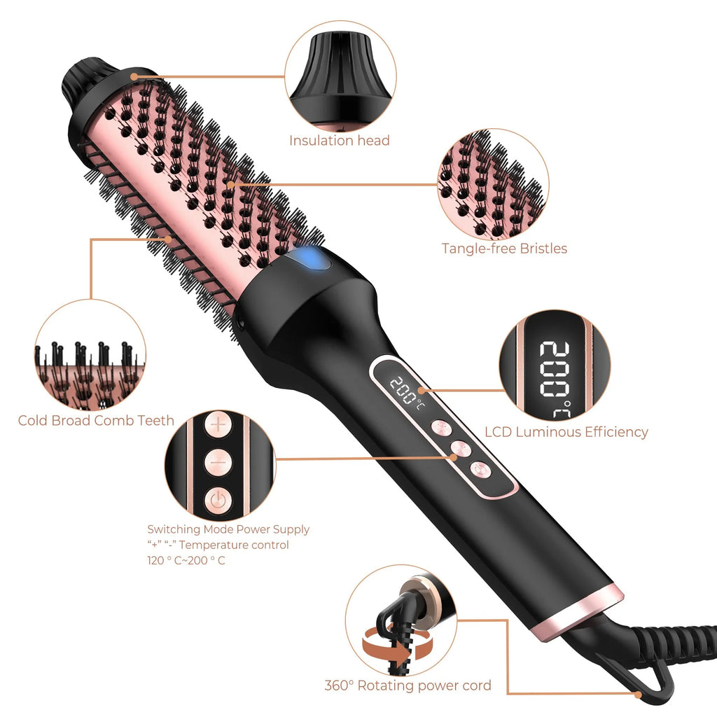 Ionic Heated Styling Brush with 38mm Barrel, Listed Dual PTC Heating, Nine Heat Settings and 60-Minute Auto-Off for Curling and Straightening, US Plug Option