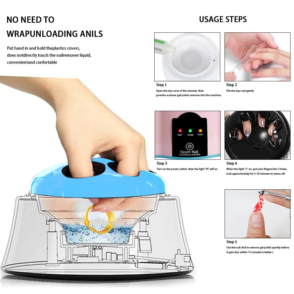 Electric Steam Gel Nail Remover with Five-Finger Use and Automatic Shutoff References, Compact Polish Removal Box for Instruction-Guided Manicure Care