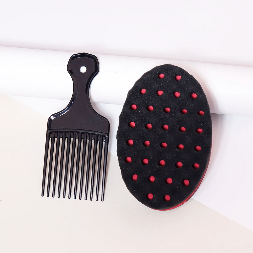 Hair Sponge Brush and Wide-Tooth Comb Set, Two-Piece Styling Tools with Large-Hole or Small-Hole Options for Compatible Hair and Human-Hair Wig Grooming
