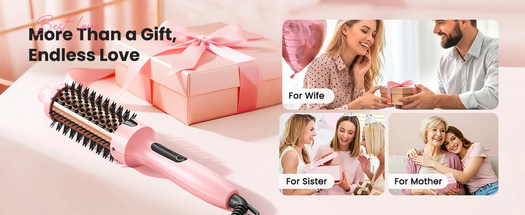 Ionic Heated Round Brush with Six Temperature Settings, LED Display and 110–240V Listed Dual Voltage for Curling, Smoothing and Root Volume, Pink