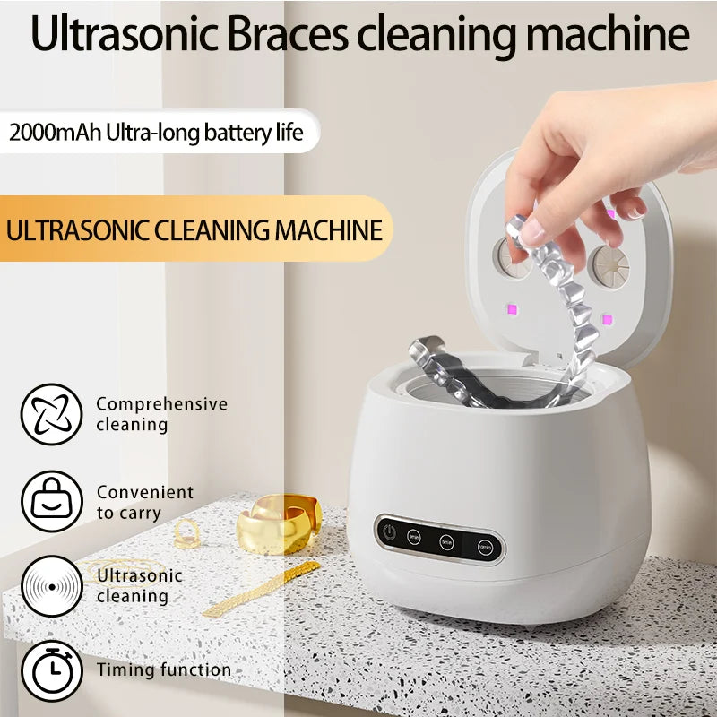 48kHz Ultrasonic Retainer Cleaning Machine, White USB-Rechargeable Cleaner for Compatible Removable Dental Appliances, Dentures and Jewelry Care