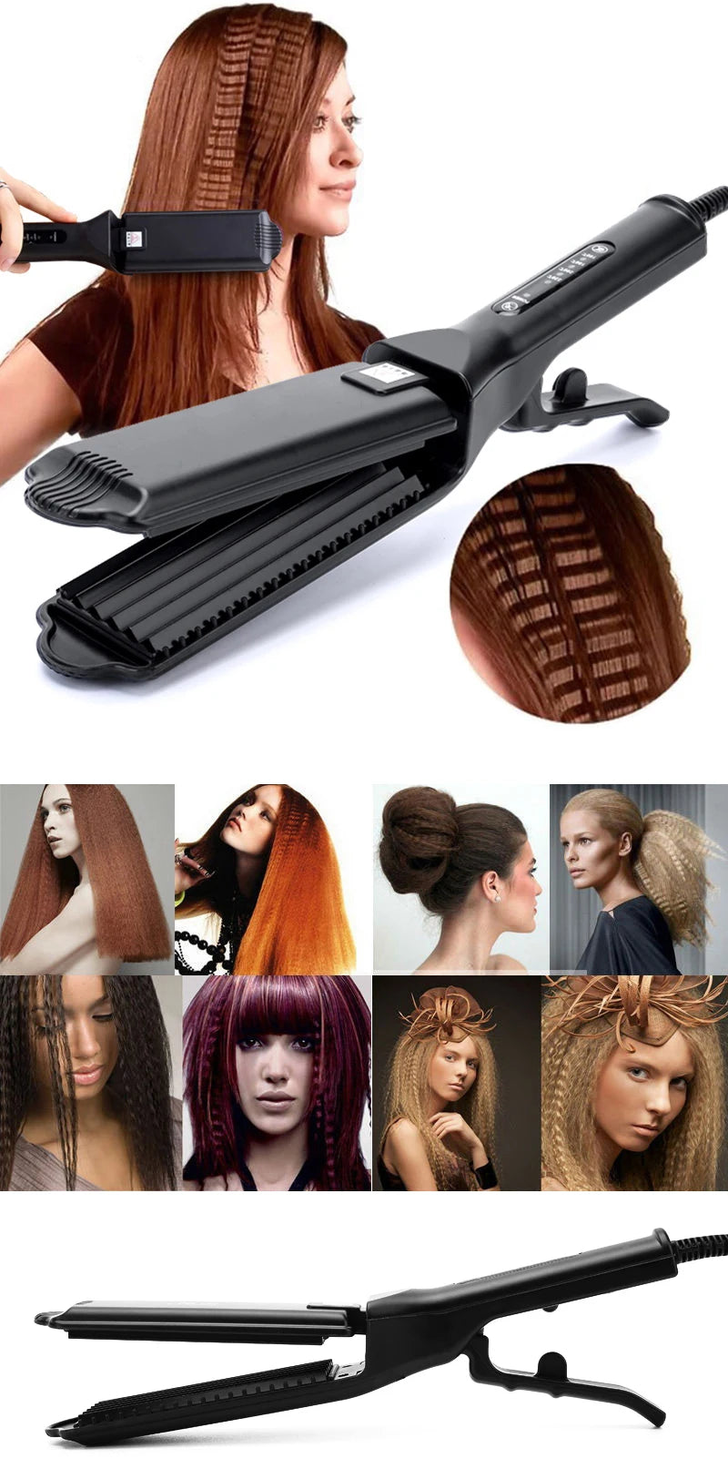 1.5 Inch Hair Crimper with Tourmaline Ceramic Coated Plates, Corrugated Wave Styling Iron for Home and Salon with US Plug and Box Options