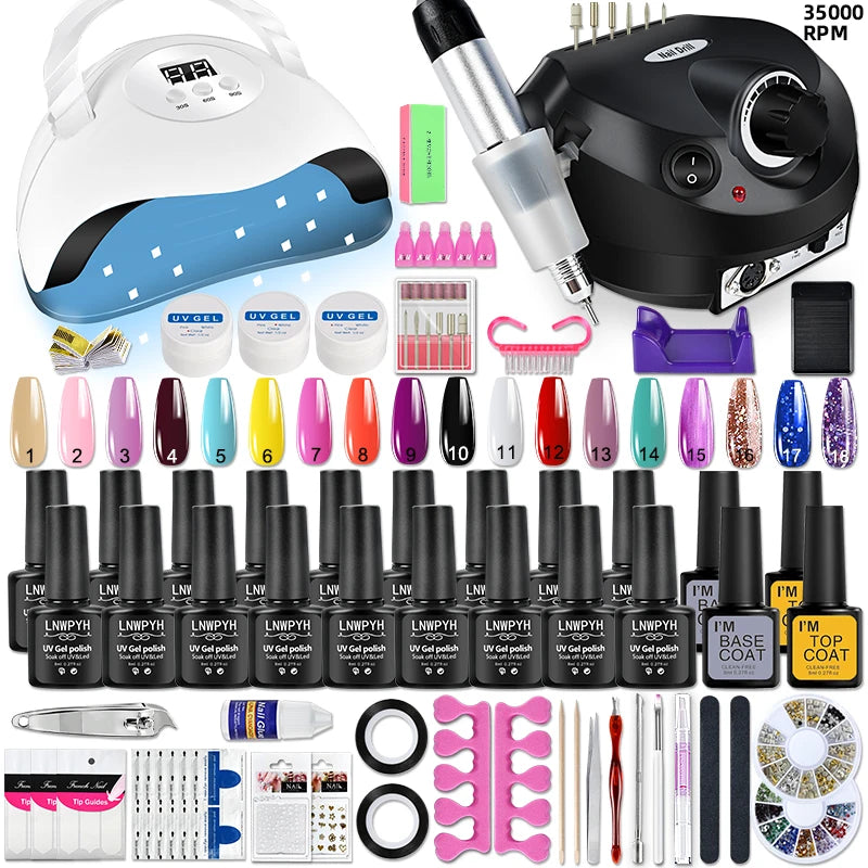 18-Color Gel Nail Polish Kit by LNWPYH with Three Extension Gel Colors, Base and Top Coats, UV LED Lamp and Nail Drill Reference for Adult Manicure Designs