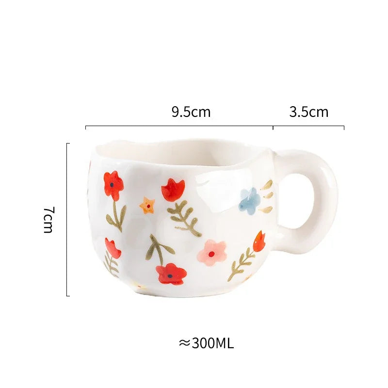 Hand-Painted Ceramic Mug with Irregular Korean-Style Shape and Floral, Heart or Playful Pattern Options for Breakfast Coffee and Afternoon Tea, Cup Only