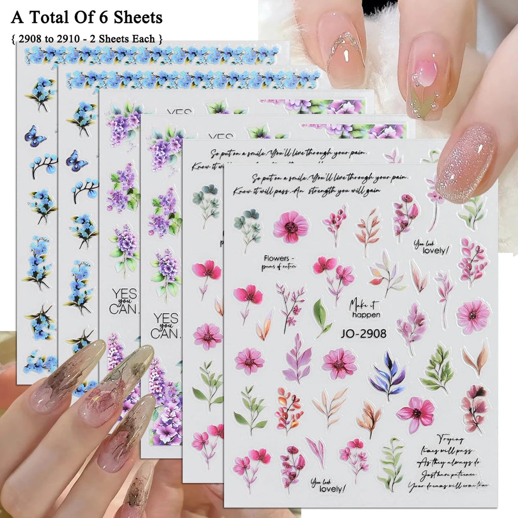 Flower Nail Stickers with Butterfly, Rose, Lavender and Clover Designs, Self-Adhesive 3D Nail Art Decals in 3 to 60 Sheet Options for DIY Manicures