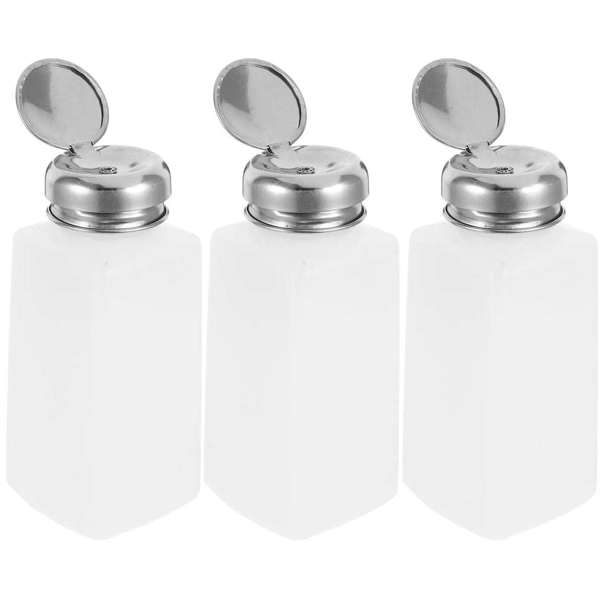 Press Down Pump Bottles 5-Pack in White, Refillable Plastic and Aluminum Beauty Liquid Dispensers for Compatible Nail Care and Makeup Station Supplies