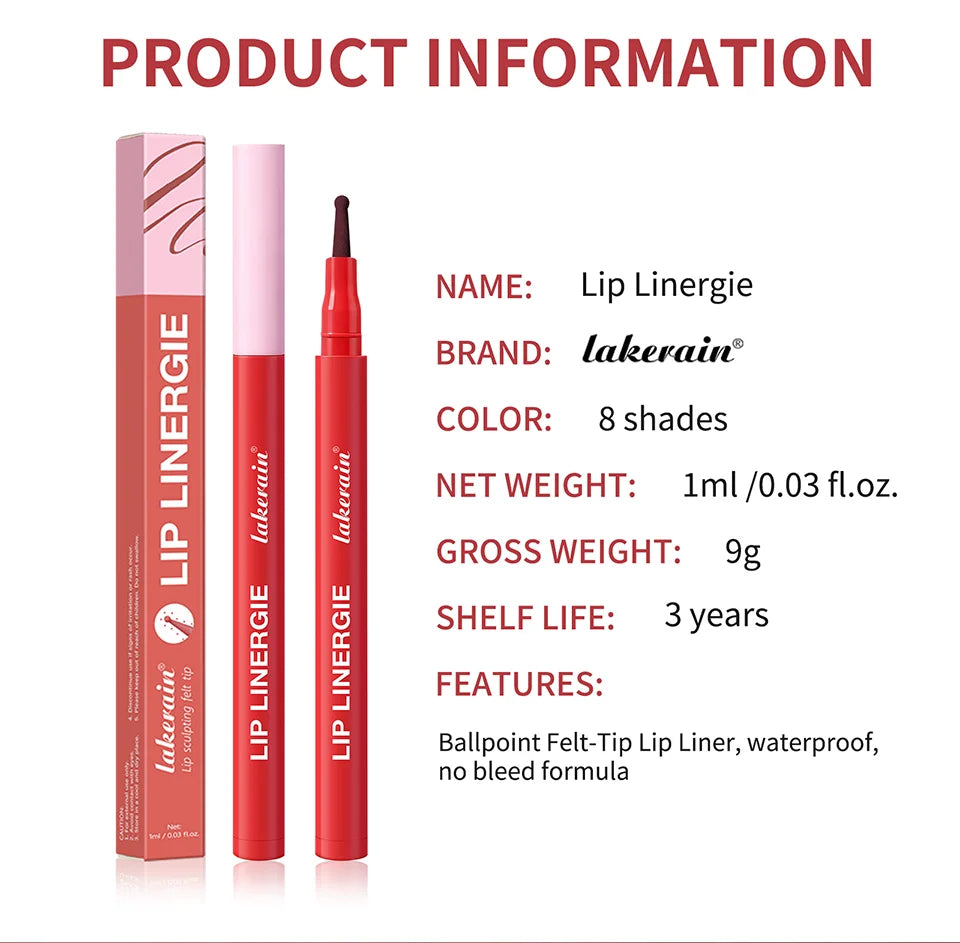 Lip Liner Stain by Lakerain with Flexible Ballpoint Felt Tip, Listed 1ml Lip Contour Makeup for Outlining, Shading and Filling with Eight Named Shade Choices