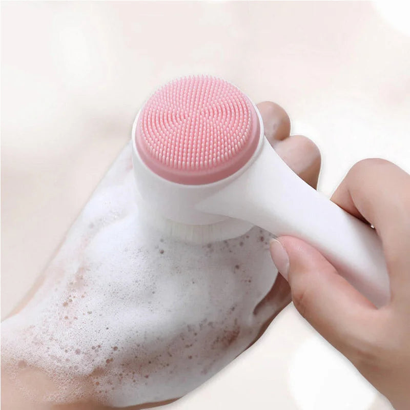 Facial Cleansing Brush, Double-Sided Manual Face Wash Tool with Handle, Silicone and Plastic Construction, Listed 13 x 6 cm Size in Pink or Blue