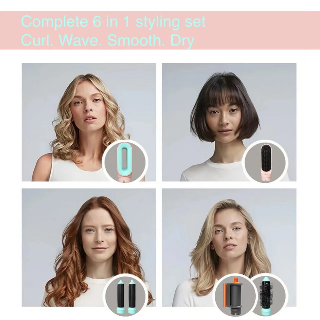 Hot Air Hair Styler, Six-in-One Packages with Curling Barrel and Brush References, US 110-120V or EU 220-240V Versions with Box or Case Options