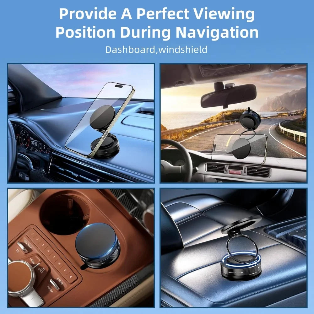 Vacuum Magnetic Car Phone Holder in Black, Suction Cup Mount with Locking Knob and Listed 360-Degree Rotation for Compatible Smooth Flat Surfaces