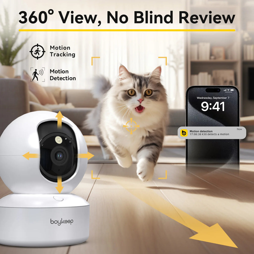 Indoor WiFi Security Camera by BoyKeep, Listed 2K Video with Dual-Band WiFi, 360-Degree PTZ, Infrared Night Vision and Two-Way Audio, USB Selection