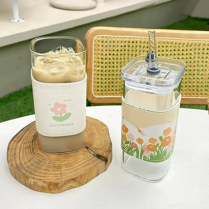 400ml Glass Coffee Cup with Listed Lid and Straw, Transparent Borosilicate Drinkware for Iced Coffee, Milk Tea and Juice with Square Cup and Bamboo Lid Options
