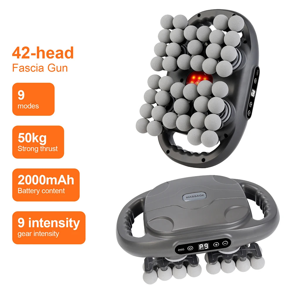 42-Head Body Massage Gun with Nine Modes and Nine Intensity Levels, Listed 2000mAh Battery, Type-C Charging and 10-Minute Timer in White or Black