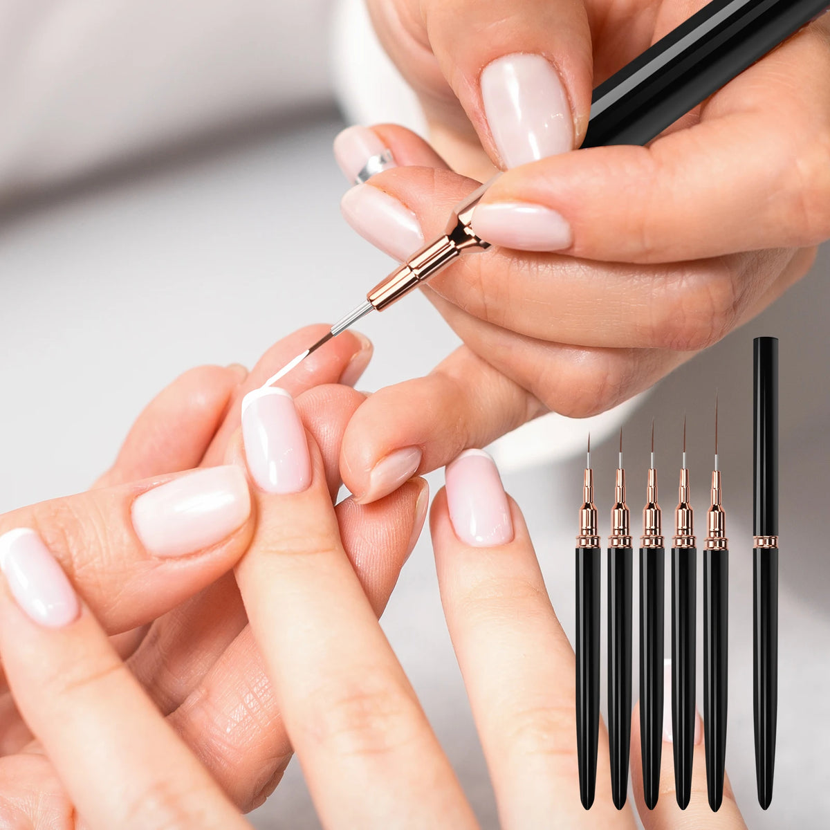 Fine-Line Nail Art Brush Set, 5 Nylon Striping Brushes in 7, 9, 11, 15 and 25mm Sizes for Gel Painting, Floral Designs and DIY Manicure