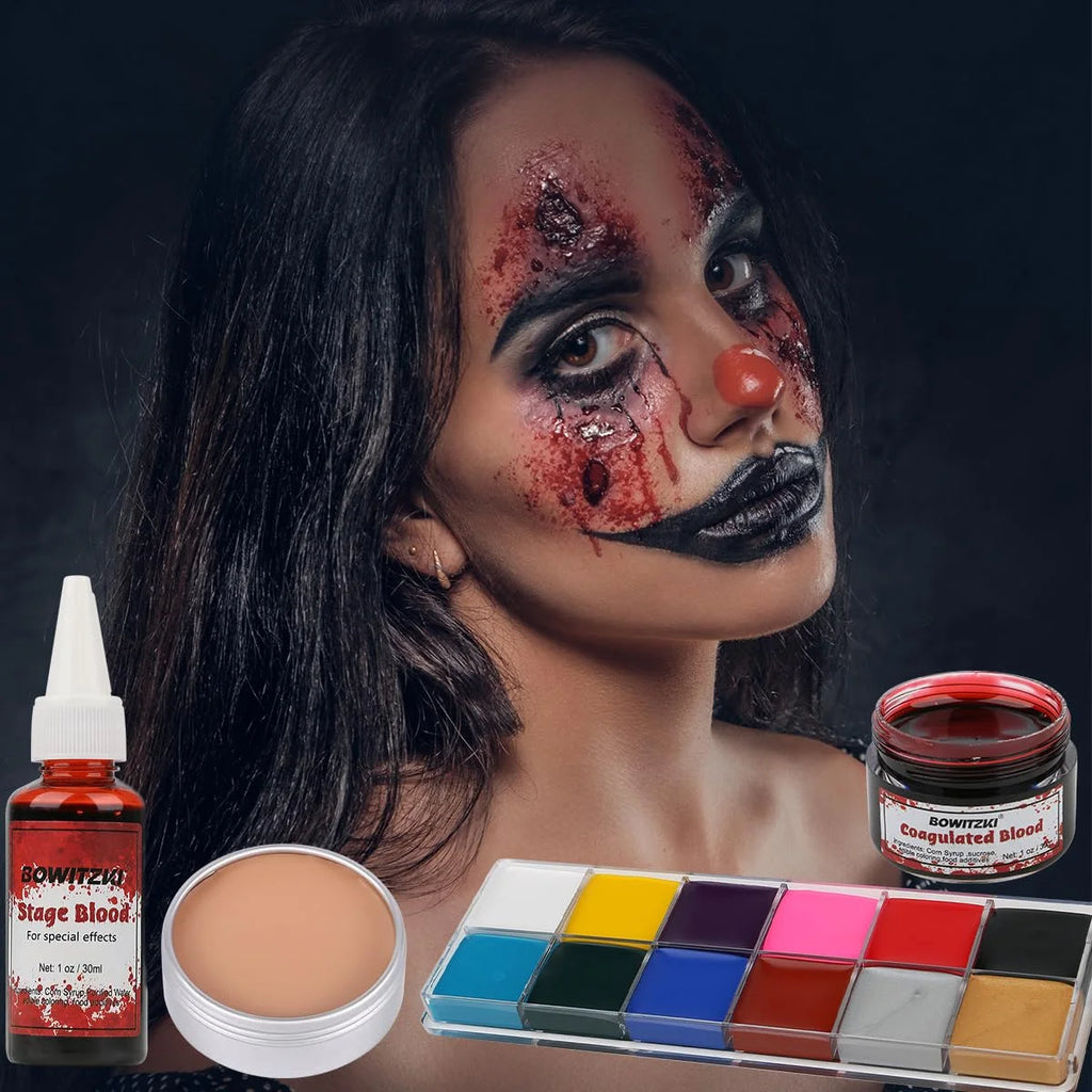 Halloween SFX Makeup Set by Bowitzki with Fake Blood, Scar Wax and Charred Ash Powder References for Simulated Costume Effects, Cosplay and Stage Looks