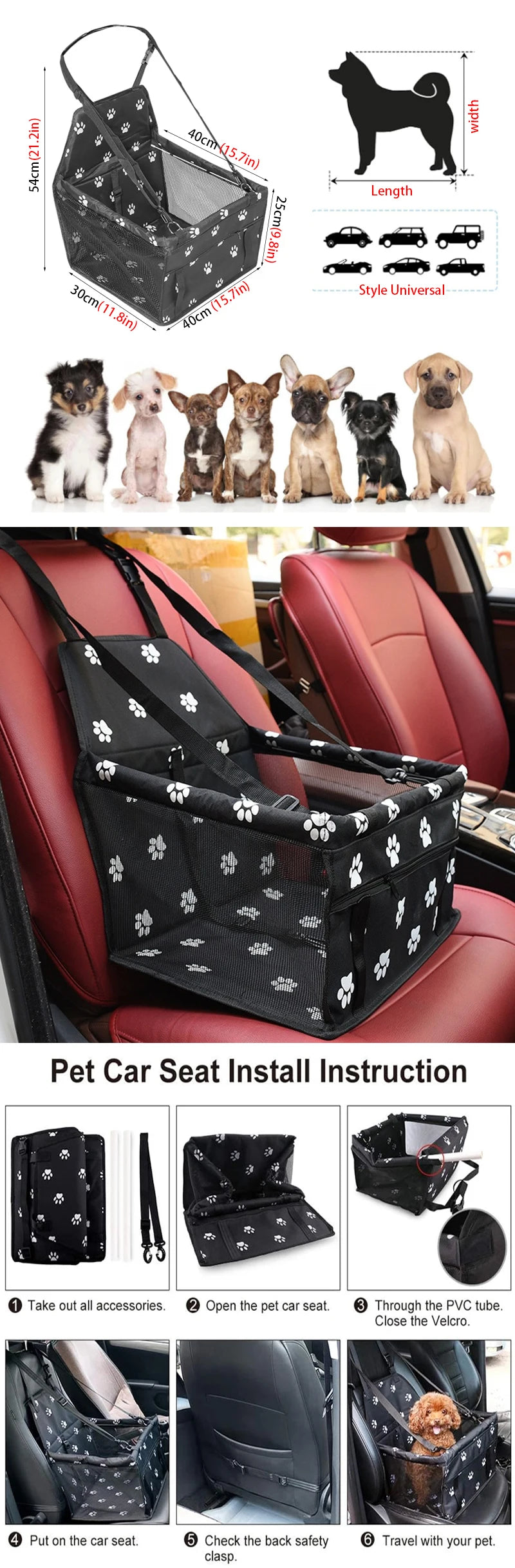 Dog Car Booster Seat Basket with Mesh Design, Foldable Pet Travel Carrier for Compatible Vehicle Seating, Black, Red, Pink, Blue and Gray Option Labels