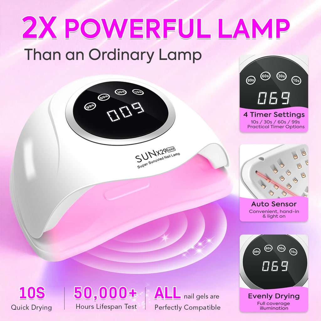 DianaBeauty Gel Curing Lamp Options with SUN X29 MAX Listed 90 LEDs, Infrared Sensor and Four Timers, Nine Model Labels and US, EU, AU or UK Plug Choices