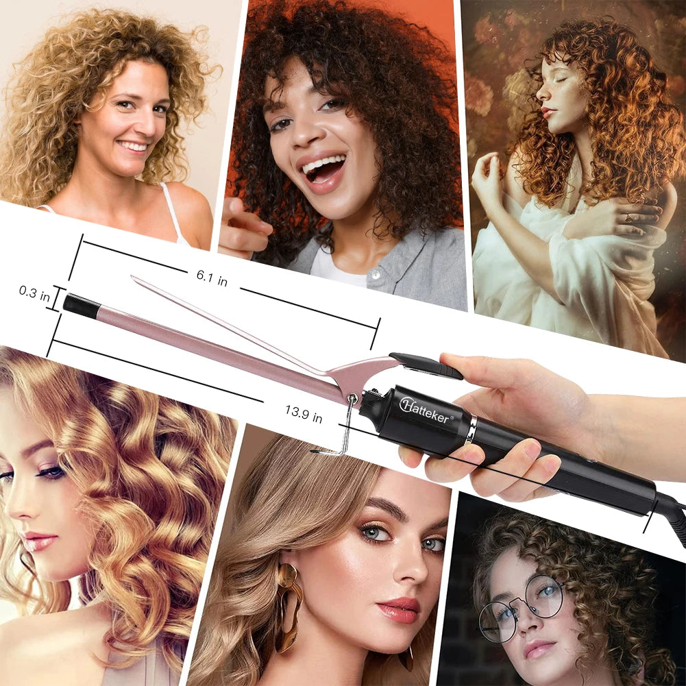 Hatteker 9mm Curling Wand, Slim Tourmaline Ceramic Barrel Hair Styling Iron with Listed 210–240V Rating and US, EU or UK Plug Options