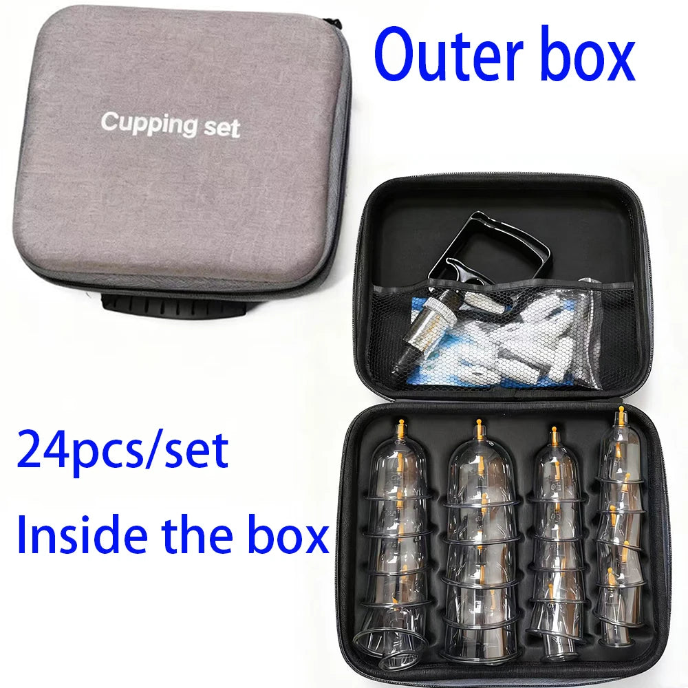 Manual Pump Cupping Set with Listed Plastic Cups in Various Sizes and Guide Reference, 12 or 24-Piece Bag Labels and 12-Piece Box Option for Adult Personal Care