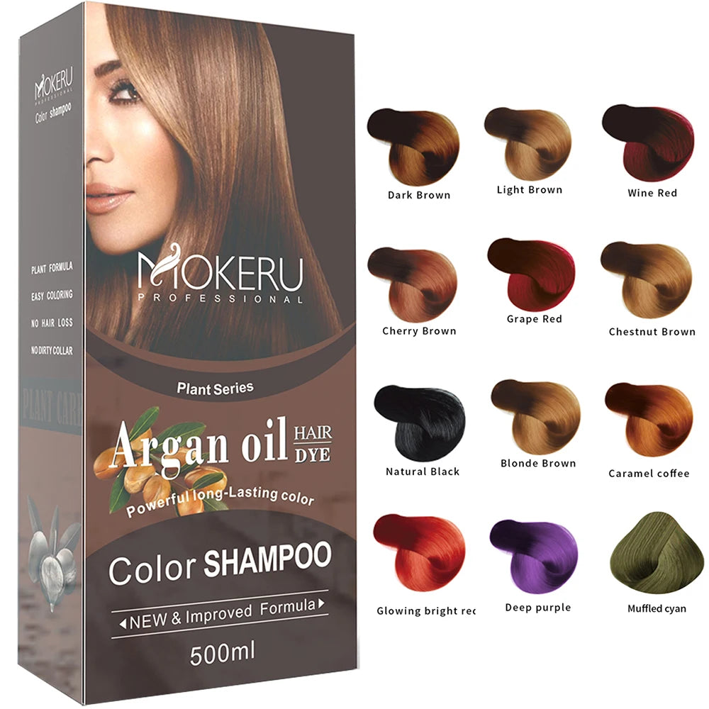 Hair Dye Shampoo by Mokeru with Listed Argan Oil, Black Brown Red Purple and Silver Gray Shade Options for Adult At-Home Hair Coloring Routines