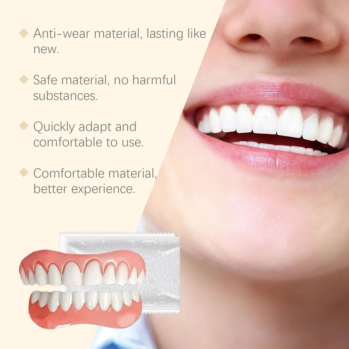 Temporary Cosmetic Teeth Covers with Listed Silicone Material, Boxed and Multi-Piece Options for Smile Appearance, Dental Fit Check Required