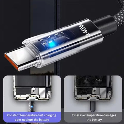 LED Display USB-C Charging Cable with Nylon Exterior, Dual Type C or USB Type C Options in 0.25m to 2m Lengths for Compatible Devices, Listed 240W Reference