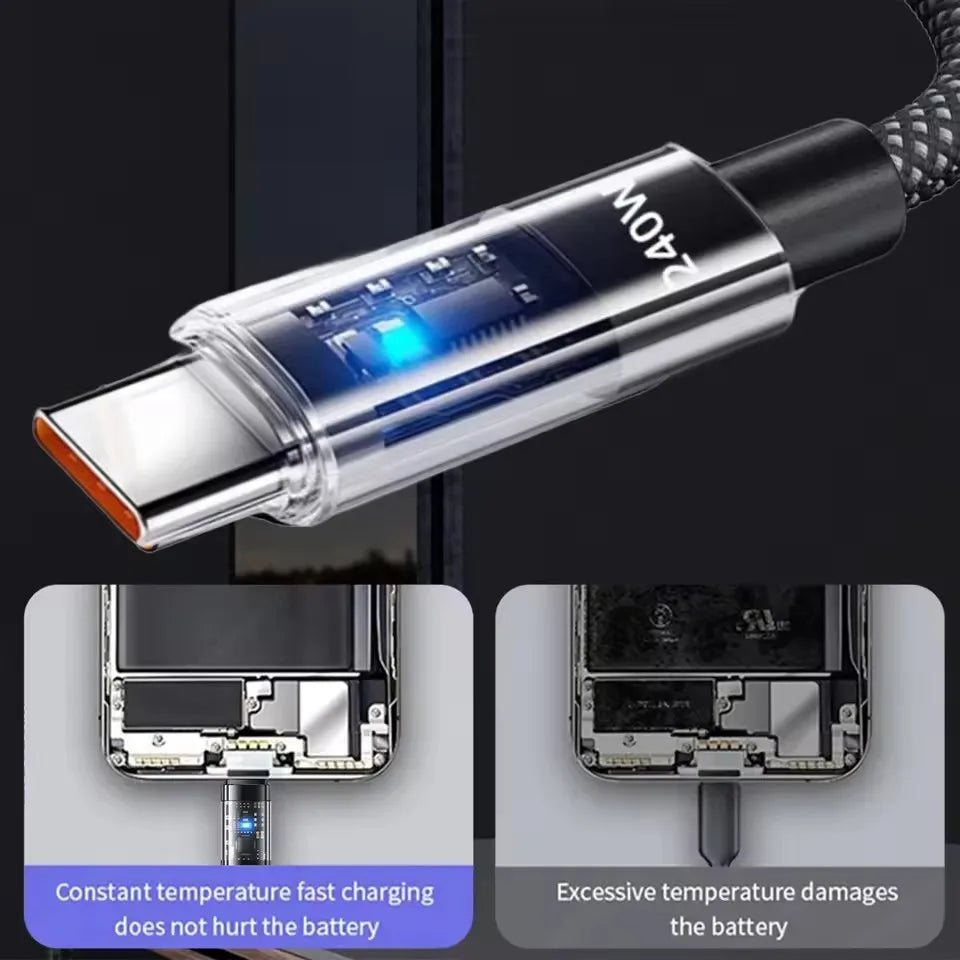 LED Display USB-C Charging Cable with Nylon Exterior, Dual Type C or USB Type C Options in 0.25m to 2m Lengths for Compatible Devices, Listed 240W Reference