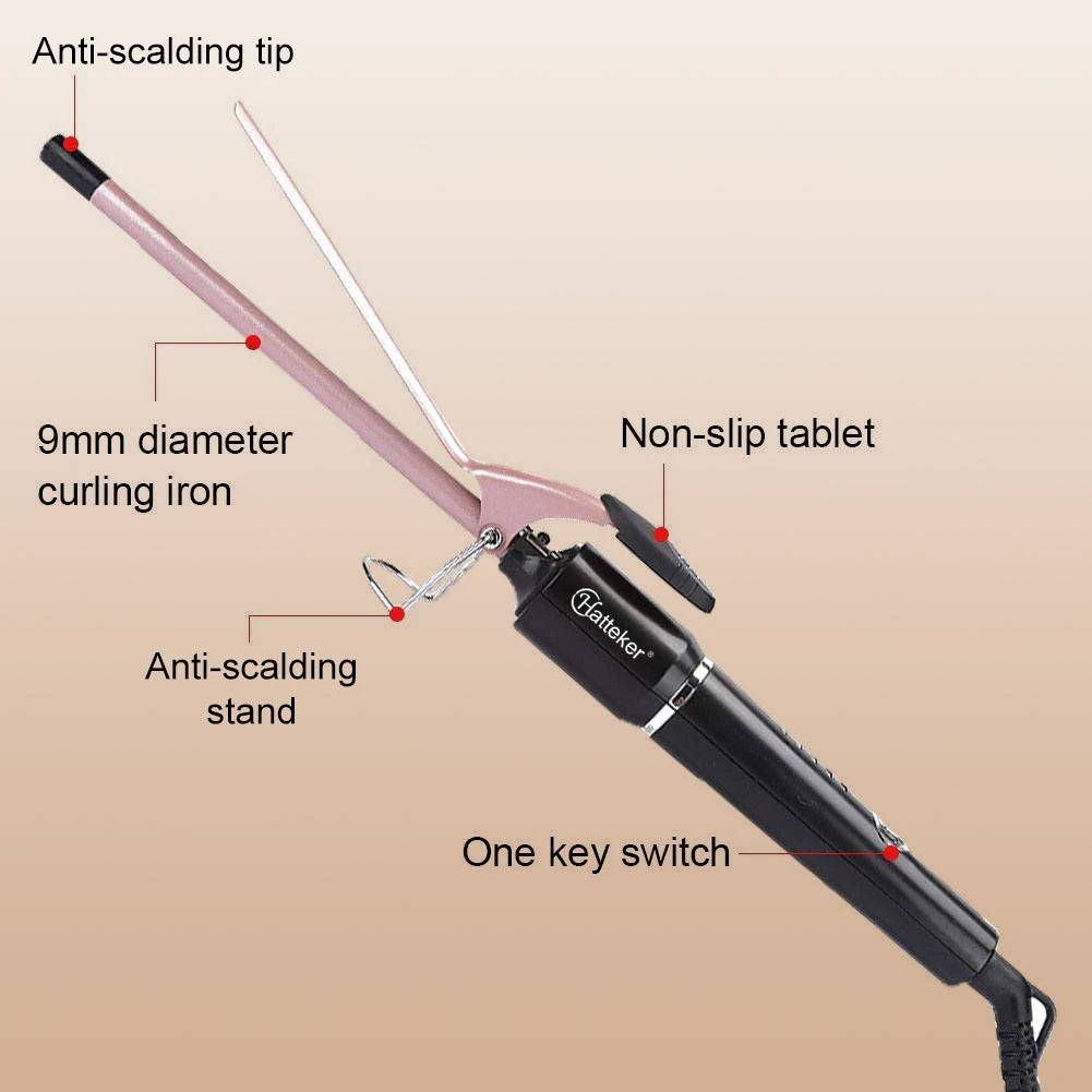 Hatteker 9mm Curling Wand, Slim Tourmaline Ceramic Barrel Hair Styling Iron with Listed 210–240V Rating and US, EU or UK Plug Options