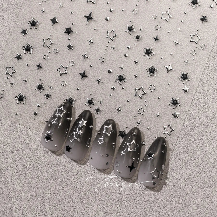 Star Nail Stickers with Five-Pointed Motifs, Black and Silver Color References and Hollow-Out Gilding-Style Details for Creative DIY Manicure Decoration
