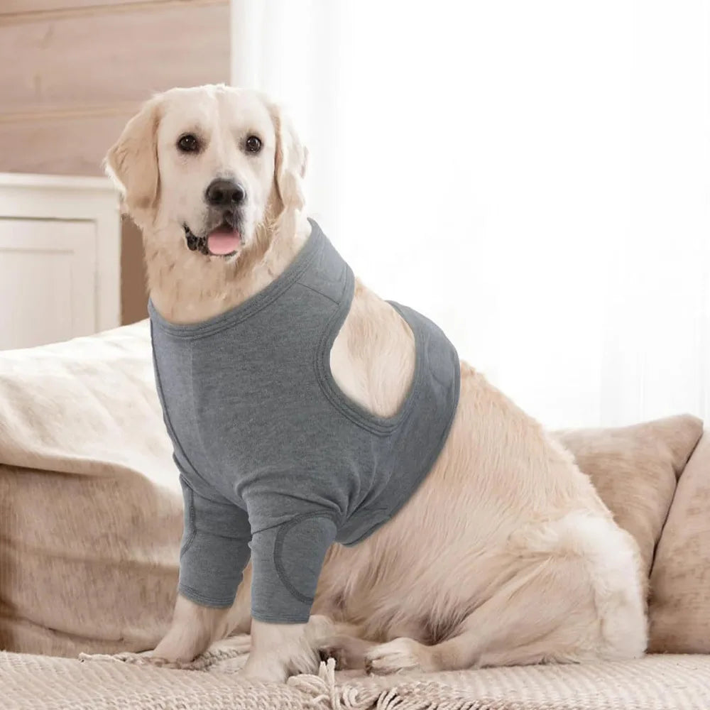Dog Leg Sleeve in Grey Polyester, Single Stretch Fabric Pet Leg Cover with Six Size Options from S to 3XL and Chest, Neck and Sleeve Measurement Guide