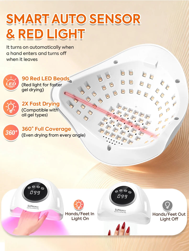 DianaBeauty Gel Curing Lamp Options with SUN X29 MAX Listed 90 LEDs, Infrared Sensor and Four Timers, Nine Model Labels and US, EU, AU or UK Plug Choices