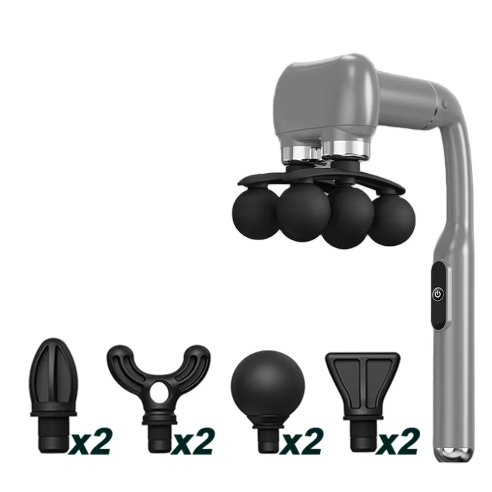 Six-Ball Massage Gun with Curved Long Handle, Adjustable Vibration and Listed USB-C Rechargeable Design, Black or Grey Handheld Massager for Personal Home Routines