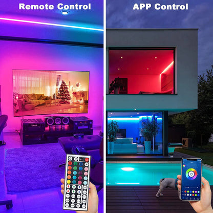 Four-Controller RGB LED Strip Lights with 5V USB Power, App or Remote Options and Nine Length Labels from 0.5m to 30m for Bedroom Decor and TV Backlighting