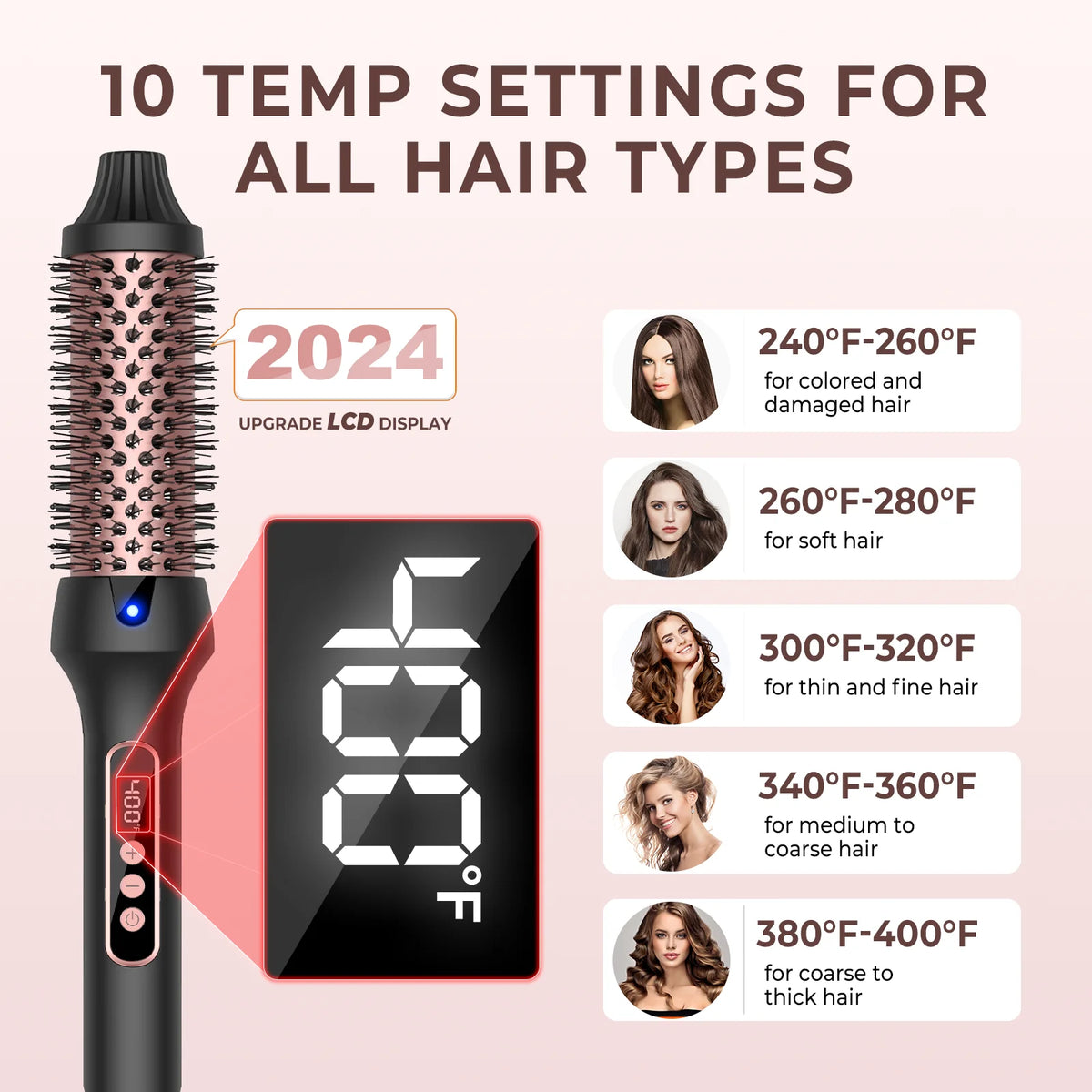 38mm Thermal Styling Brush with Dual PTC Heating, Nine Temperature Settings and 60-Minute Auto Shut-Off, Black Gold Hair Curler and Straightener