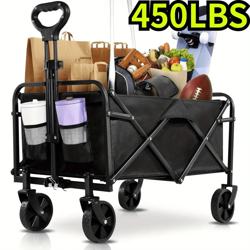 Folding Wagon Cart with Side Pockets and Listed 360-Degree All-Terrain Wheels, Black Collapsible Utility Carrier in Three Load-Labeled Options for Camping Gear