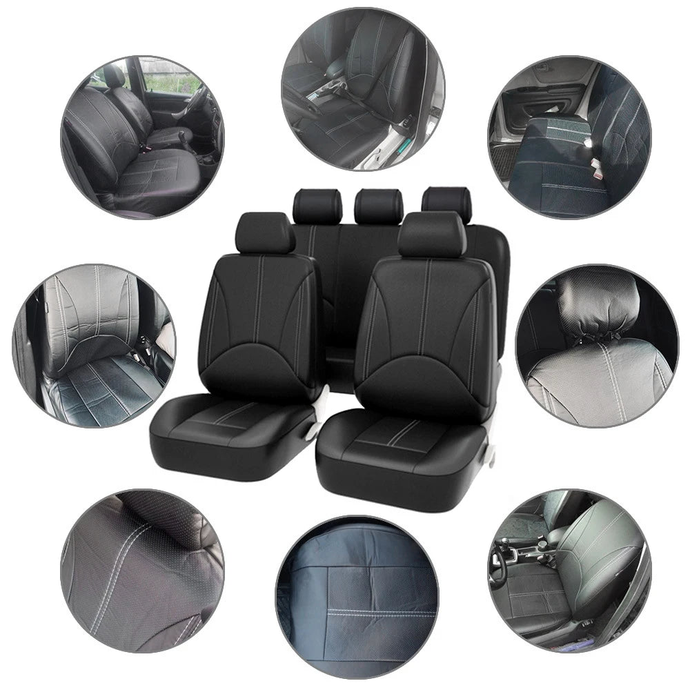 PU Leather Car Seat Cover Set, Nine-Piece Layout with Five Headrest Covers, Two Front Seat Covers and Separate Rear Bench Pieces for Compatible Interiors