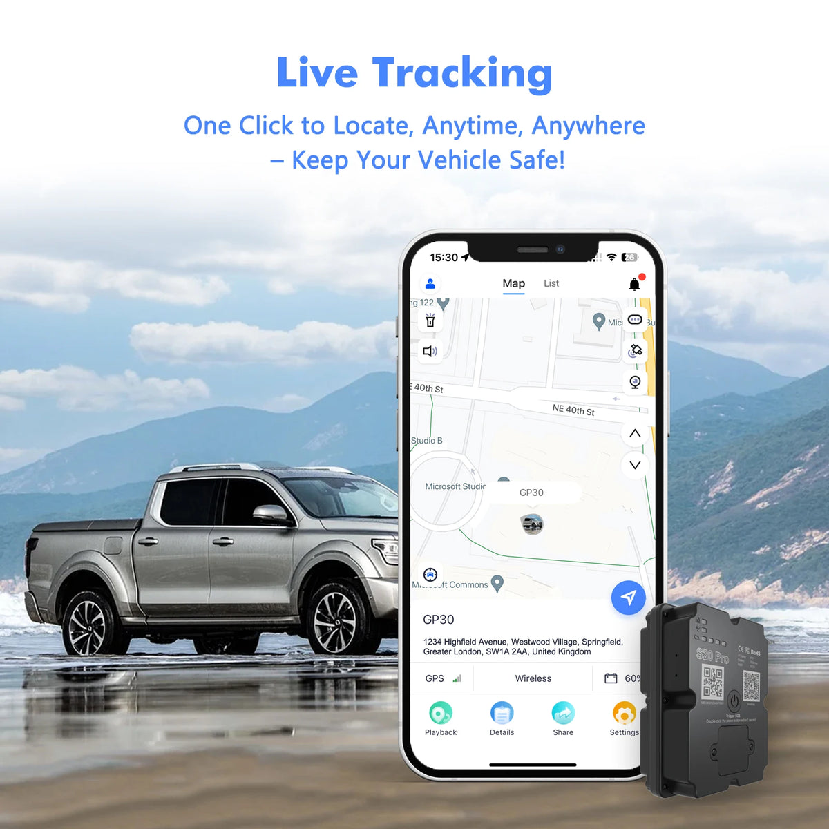 4G GPS Vehicle Tracker for Cars and Motorcycles with TrackerOne App, Included SIM Reference, Geofencing and 7500mAh Battery, Paid Service Required